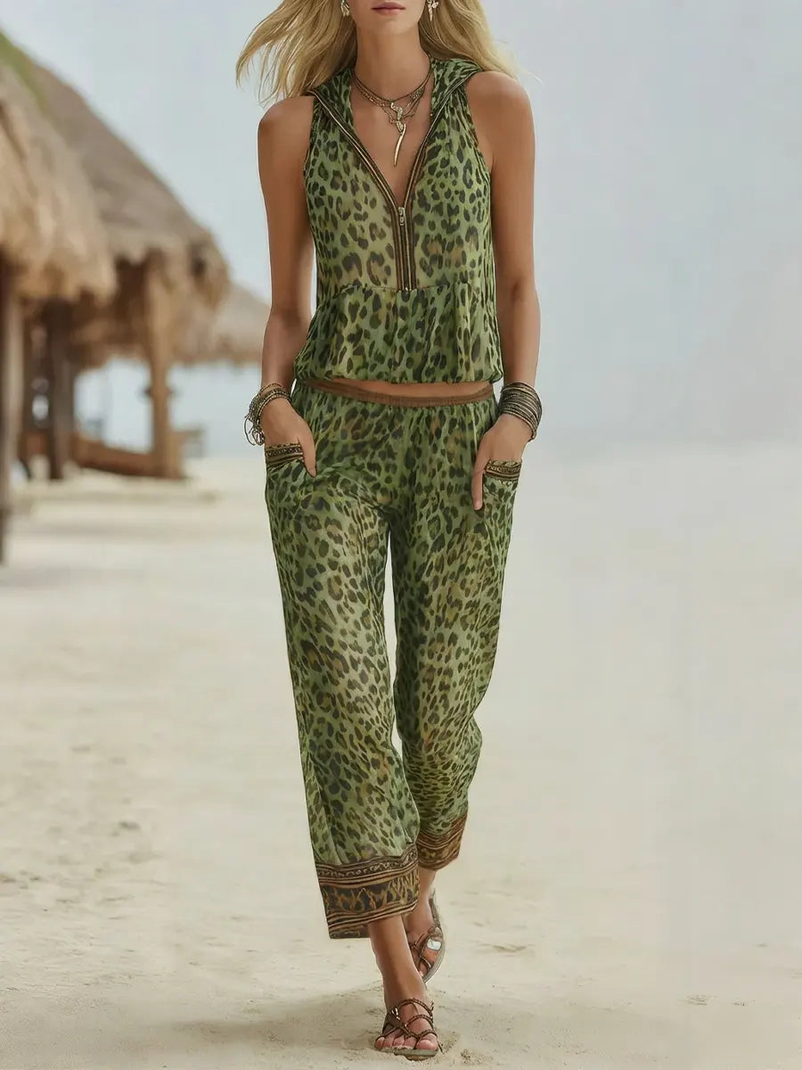 Women's Retro Leopard Art Print Hooded Casual Top And Pants Suits
