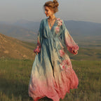 Women's Retro Bohemian Style Artistic Floral V-neck Long Dress.