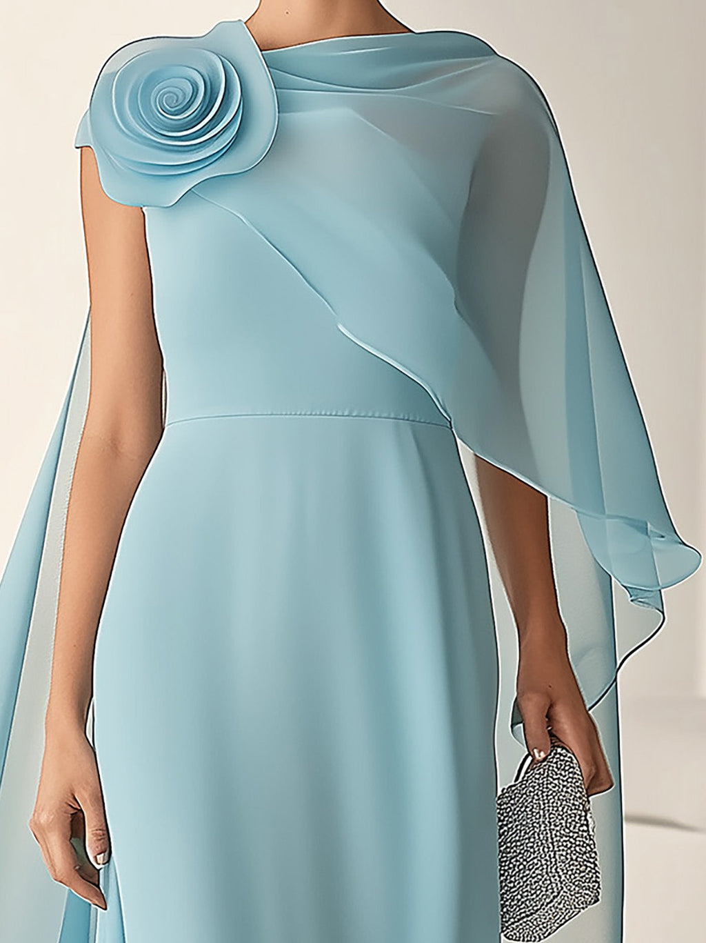 Chic Light Blue Chiffon Dress with 3D Floral Shoulder Detail