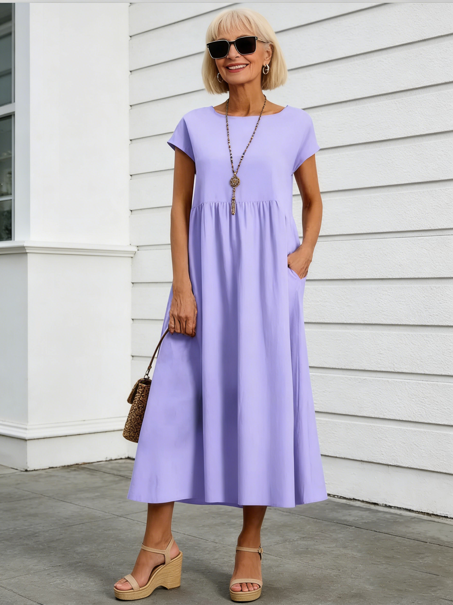 Solid Color Linen Round Neck Fitted Dress