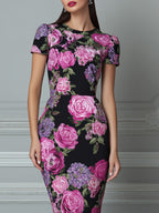 Black Floral Print Short Sleeve Bodycon Midi Dress