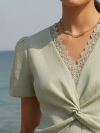 Cotton Shirt, Short Sleeves, V Neck, Plain, Lace, Vacation, Vintage, Green