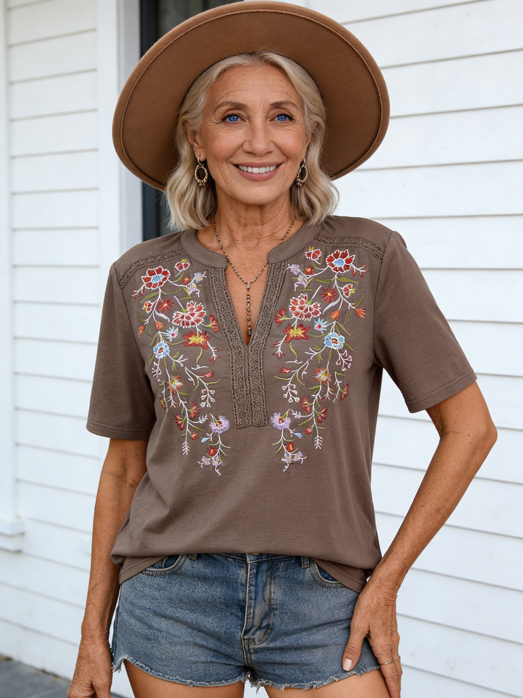 Embroidery Fashion 10,000 Needles Embroidery Splicing Lace Lace Top Women's T