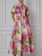 Floral Print Bow-Tie Cropped Top And A-Line Midi Skirt Set