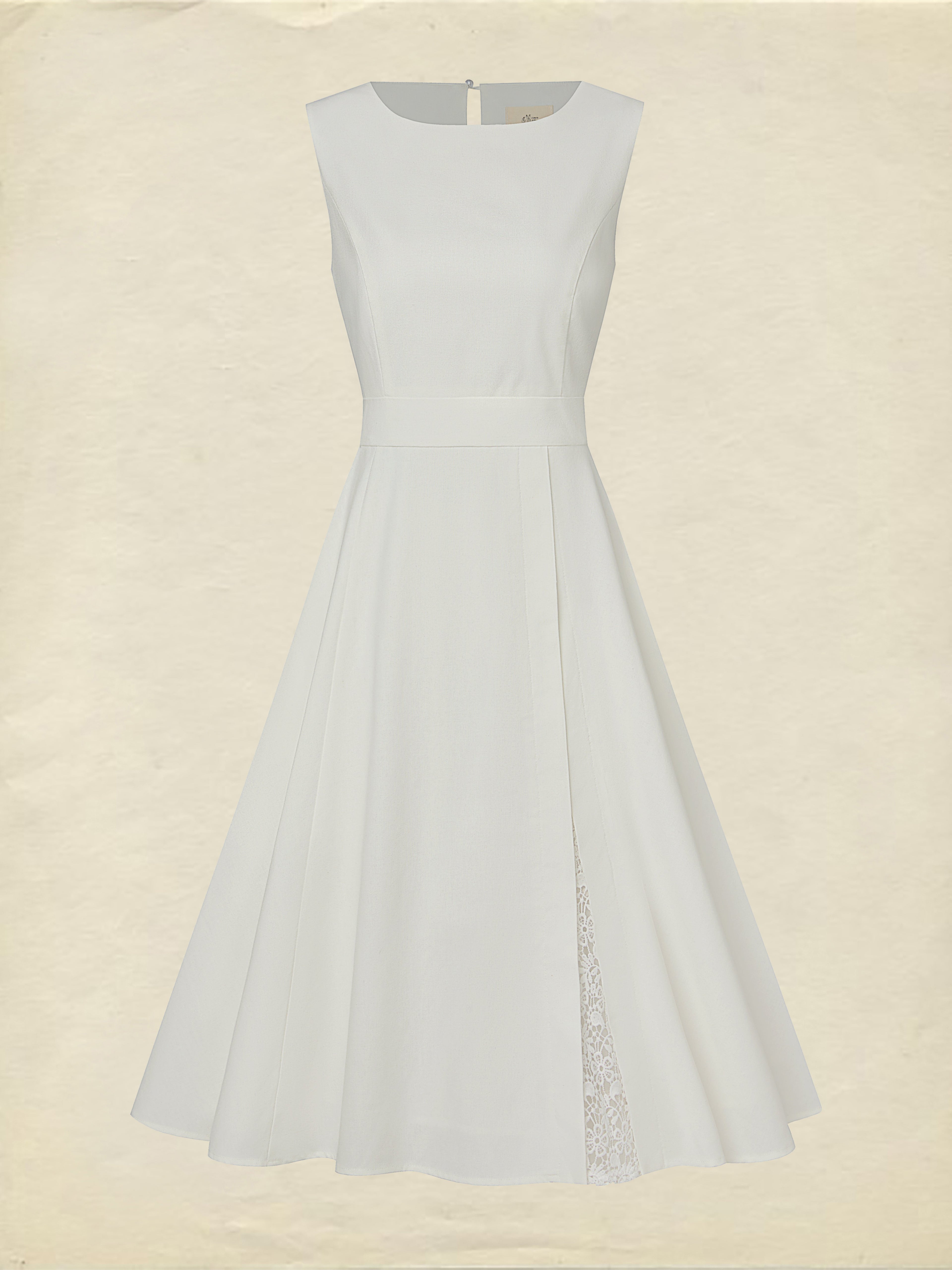 Midi Linen Dress , Sleeveless, Round Neck, Plain, Lace, French Vintage, White