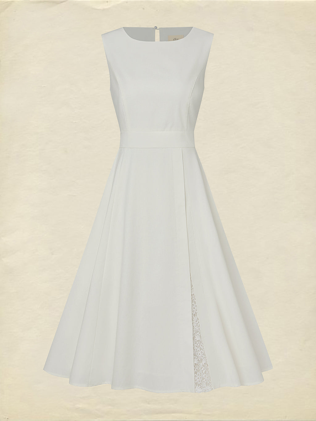 Midi Linen Dress , Sleeveless, Round Neck, Plain, Lace, French Vintage, White