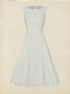 Midi Linen Dress , Sleeveless, Round Neck, Plain, Lace, French Vintage, White