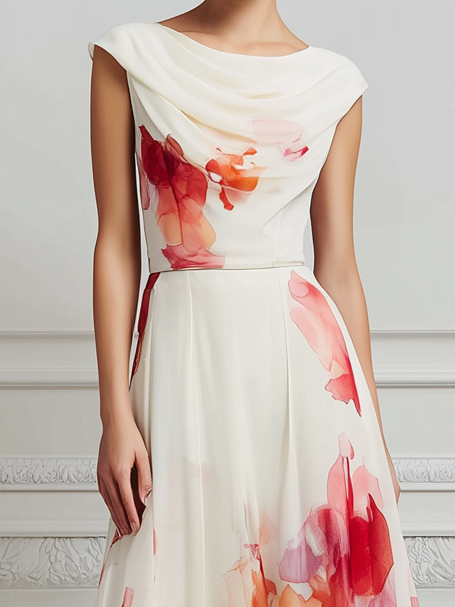 Bateau Neck Artistic Floral Midi Dress