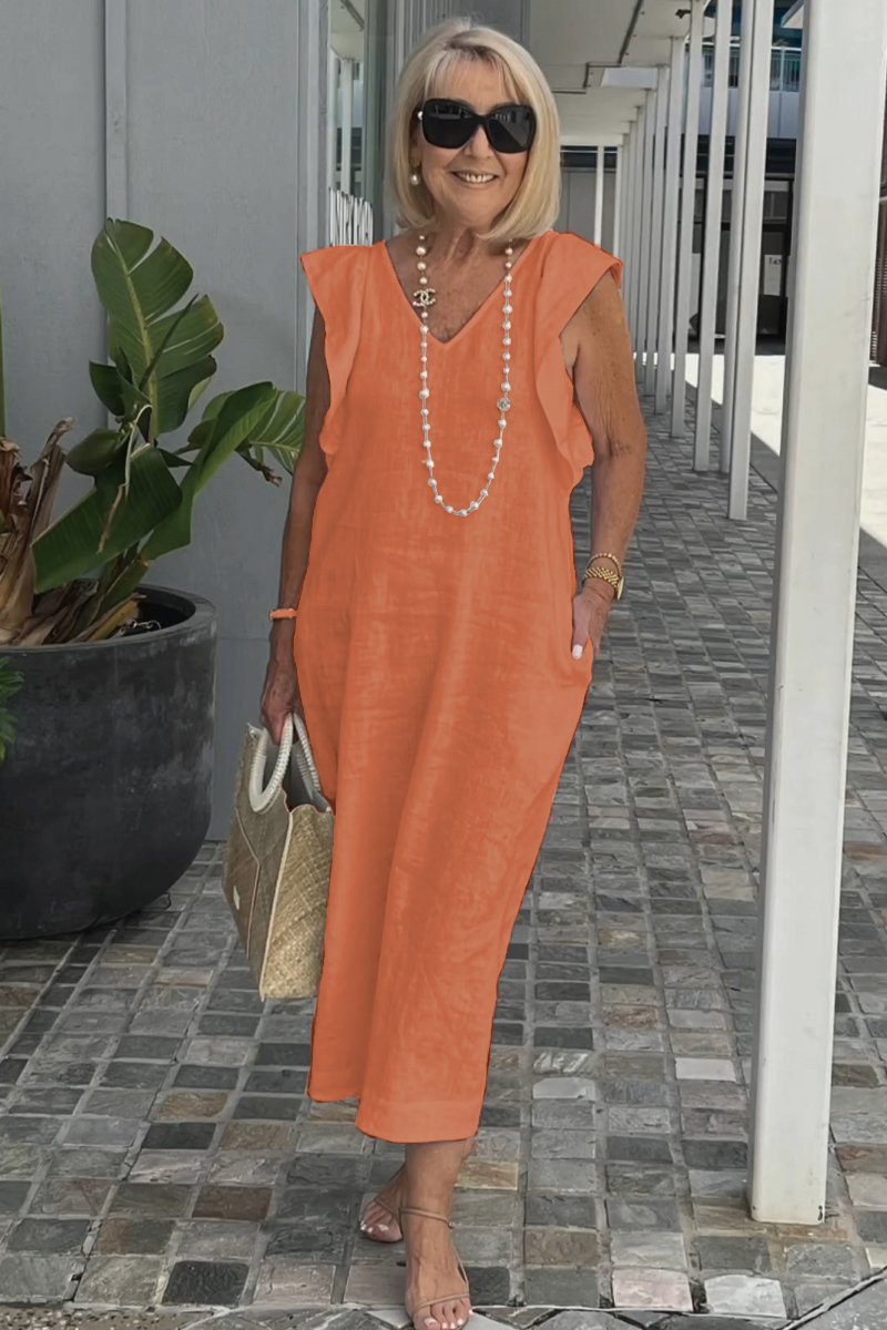 Casual Dress with Ruffle Sleeves,Back Adjustment Rope,Deep Pockets,Pure White Formal Dress, Evening Dress