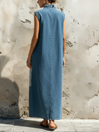Patchwork Denim & Stripe Sleeveless Maxi Dress Stand Collar