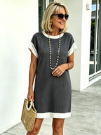 Textured Fabric Casual Contrast Twist Strip Short Sleeve Pocket Dress