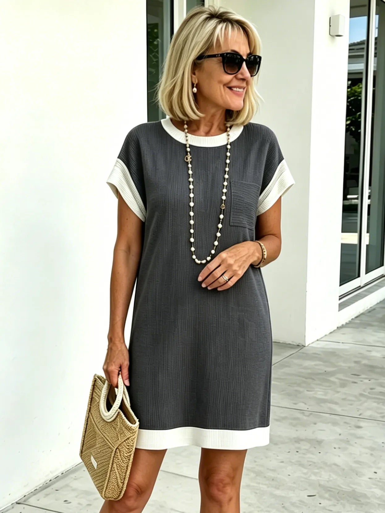 Textured Fabric Casual Contrast Twist Strip Short Sleeve Pocket Dress
