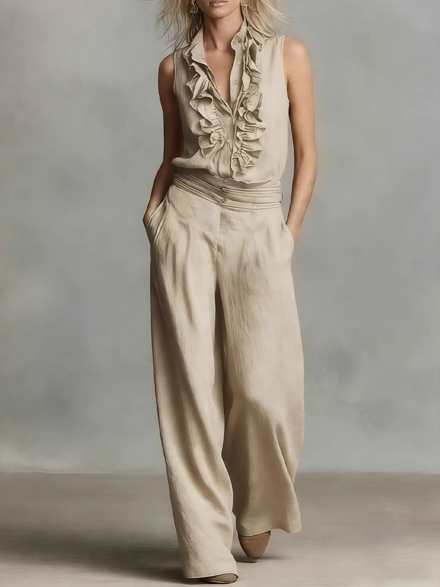 Women's Simple Linen Sleeveless Casual Shirt And Wide-leg Pants Set
