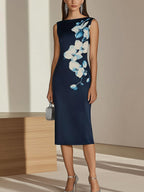 Navy Blue Single-Sided Satin Print Dress