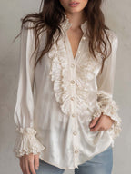 Retro-style Ruffled Placket Polyester Satin Long-sleeved Blouse