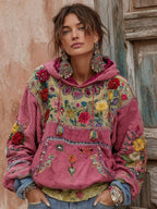 Women's Vintage Bohemian Floral Embroidery Patchwork Long Sleeve Hoodie