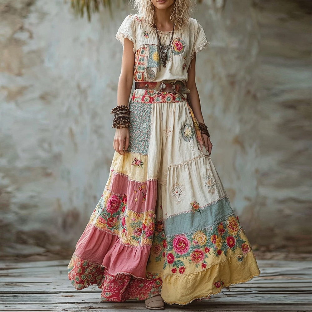 Vintage Boho Floral Patchwork Cozy Linen Maxi Dress