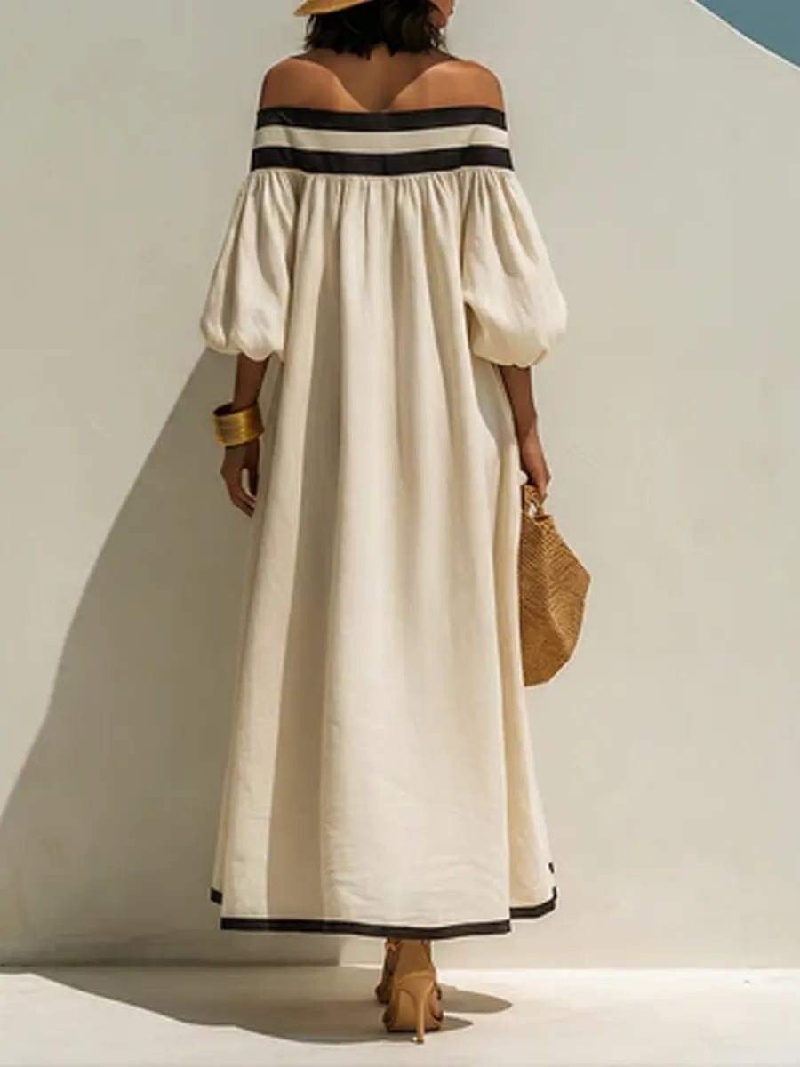 Loose-fitting Color-blocked Off-the-shoulder Cotton-linen Maxi Dress
