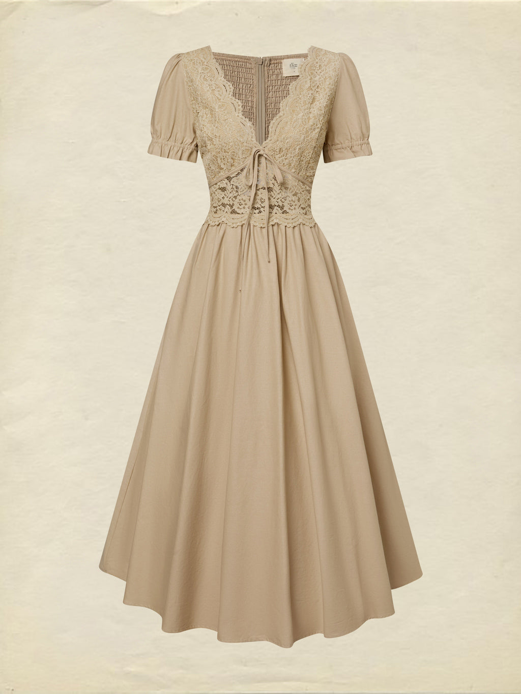 Maxi Cotton Dress, Short Sleeves, V Neck, Plain, Lace, French Vintage, Brown