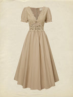 Maxi Cotton Dress, Short Sleeves, V Neck, Plain, Lace, French Vintage, Brown