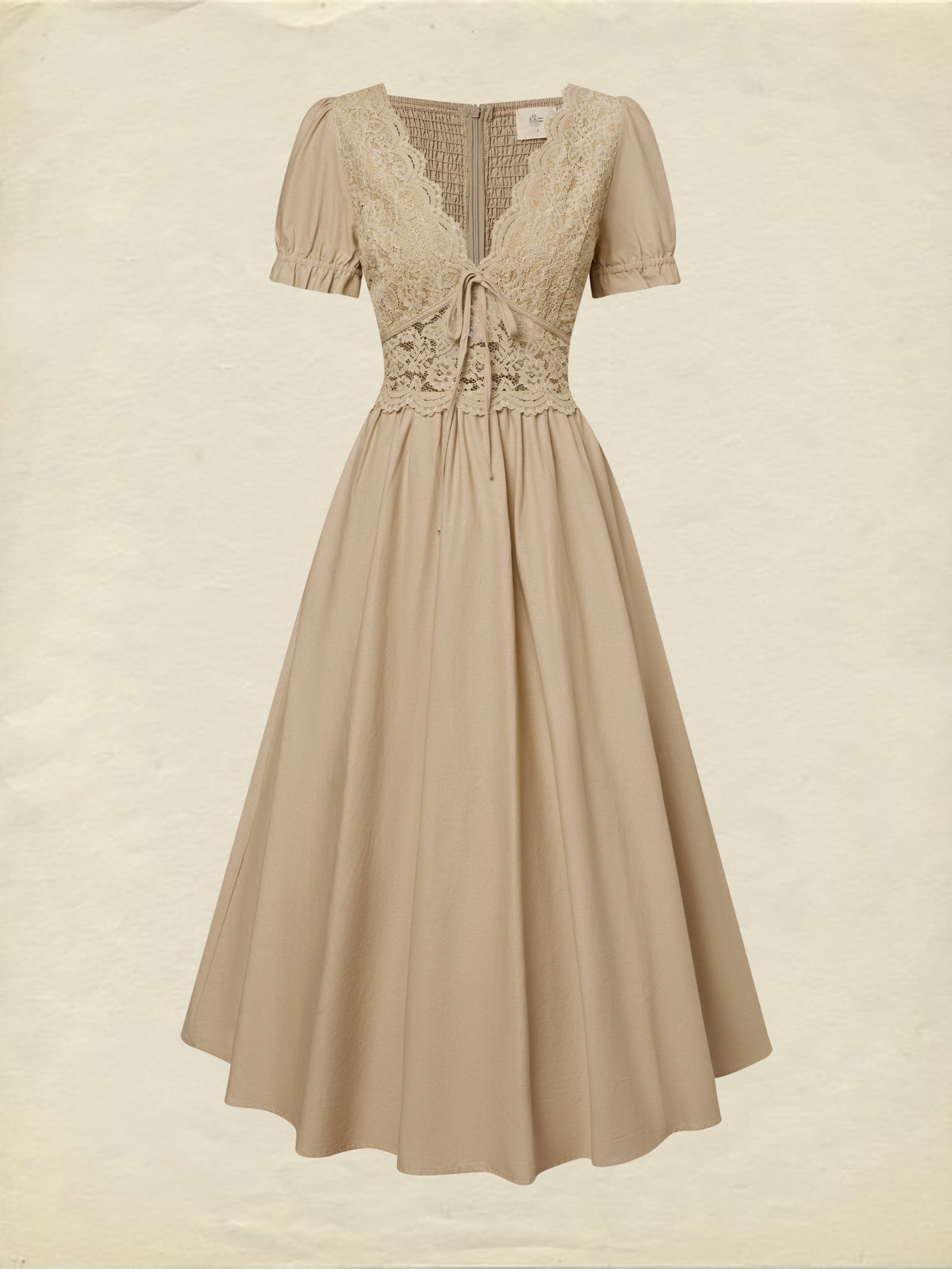 Maxi Cotton Dress, Short Sleeves, V Neck, Plain, Lace, French Vintage, Brown