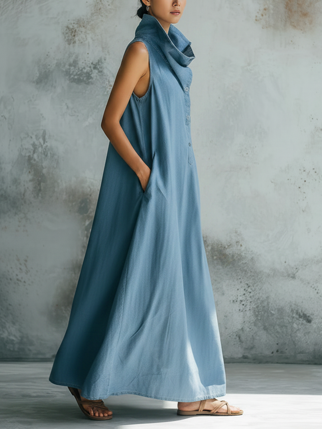 Light Wash Sleeveless Denim Maxi Dress | Collared Henley Casual Dress
