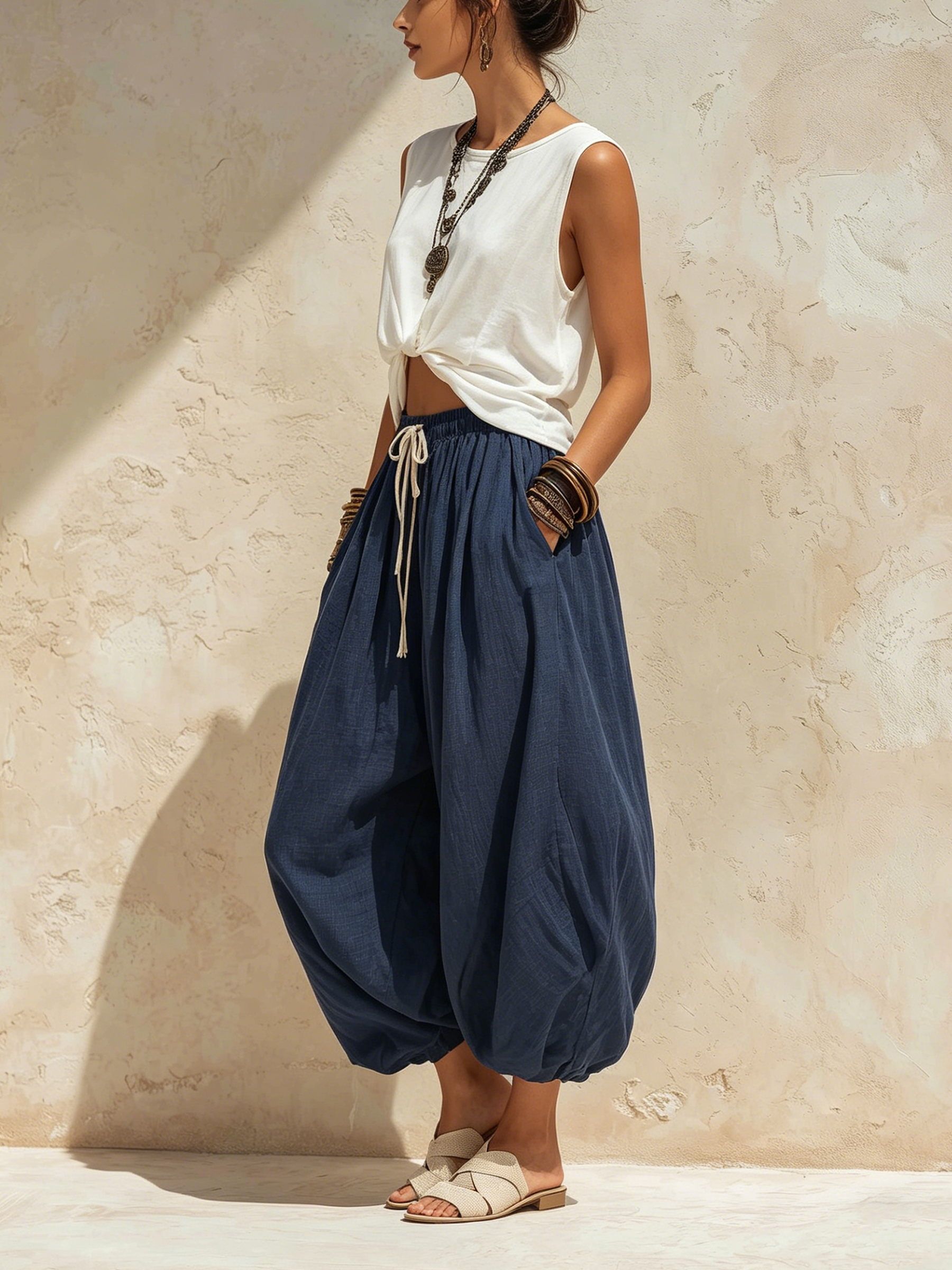 Navy Blue Linen Drawstring Harem Pants