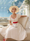 Cotton Maxi Dress, Short Sleeve, Square neck, Polka Dots, Vintage, White,Pure cotton