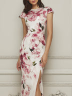 Blooming Watercolor Cap Sleeve Chiffon Dress