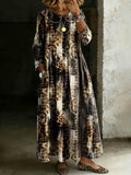 Women's Retro Gradient Stripes Leopard Print Lapel Collar Pleated Long Sleeve Casual Loose Denim Dress