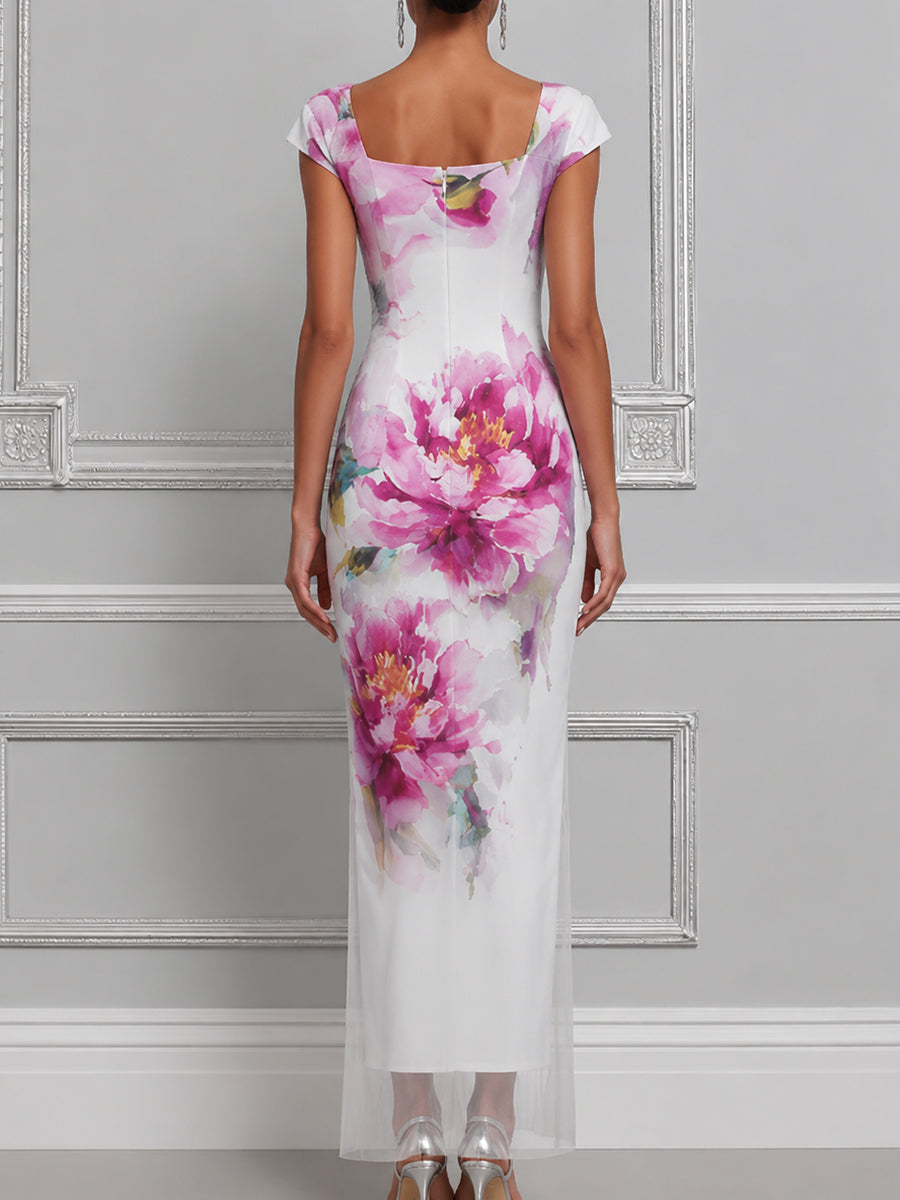 Elegant Floral Sheer Hem Maxi Dress