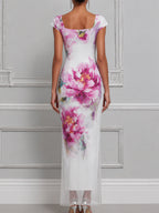 Elegant Floral Sheer Hem Maxi Dress