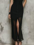 Vintage-style Mesh Panel Sleeveless Shirt Collar Maxi Dress