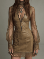 Boho Sheer Sleeve Faux Leather Lace-Trim Mini Dress