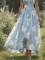 (SIZE:XS-XXL)Linen Maxi Dress, Sleeveless, V neck, Floral, Vintage, Light Blue