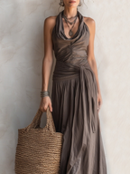 Bohemian Brown Pleated Halter Neck Maxi Dress