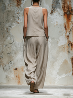 Beige Linen Sleeveless Top & Wide-Leg Pants Set