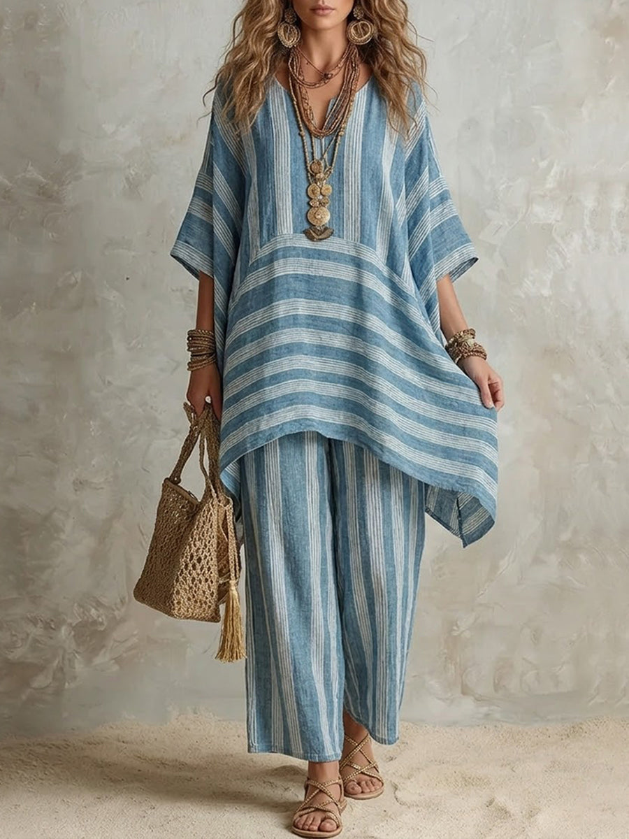 Casual Loose Striped Cotton And Linen Top And Pants Two-piece Set