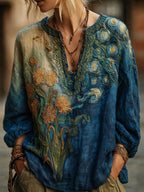 Vintage Oil Painting Inspiration Floral Embroidered Flowy V Neck Shirt