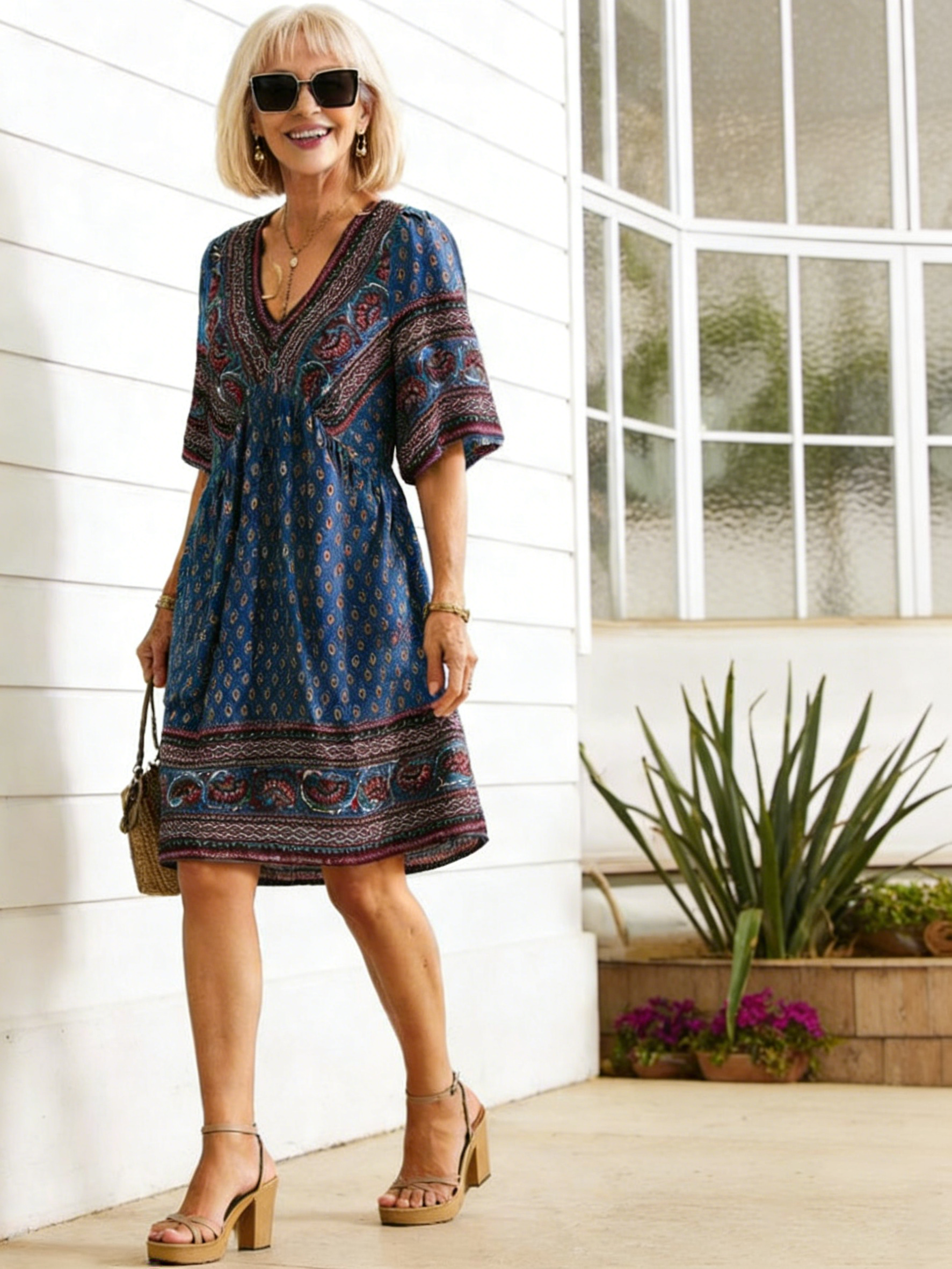 Vacation Deep V Print Casual Ethnic Style Dress