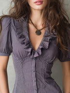Retro Striped Ruffle Neckline Short Sleeve Blouse