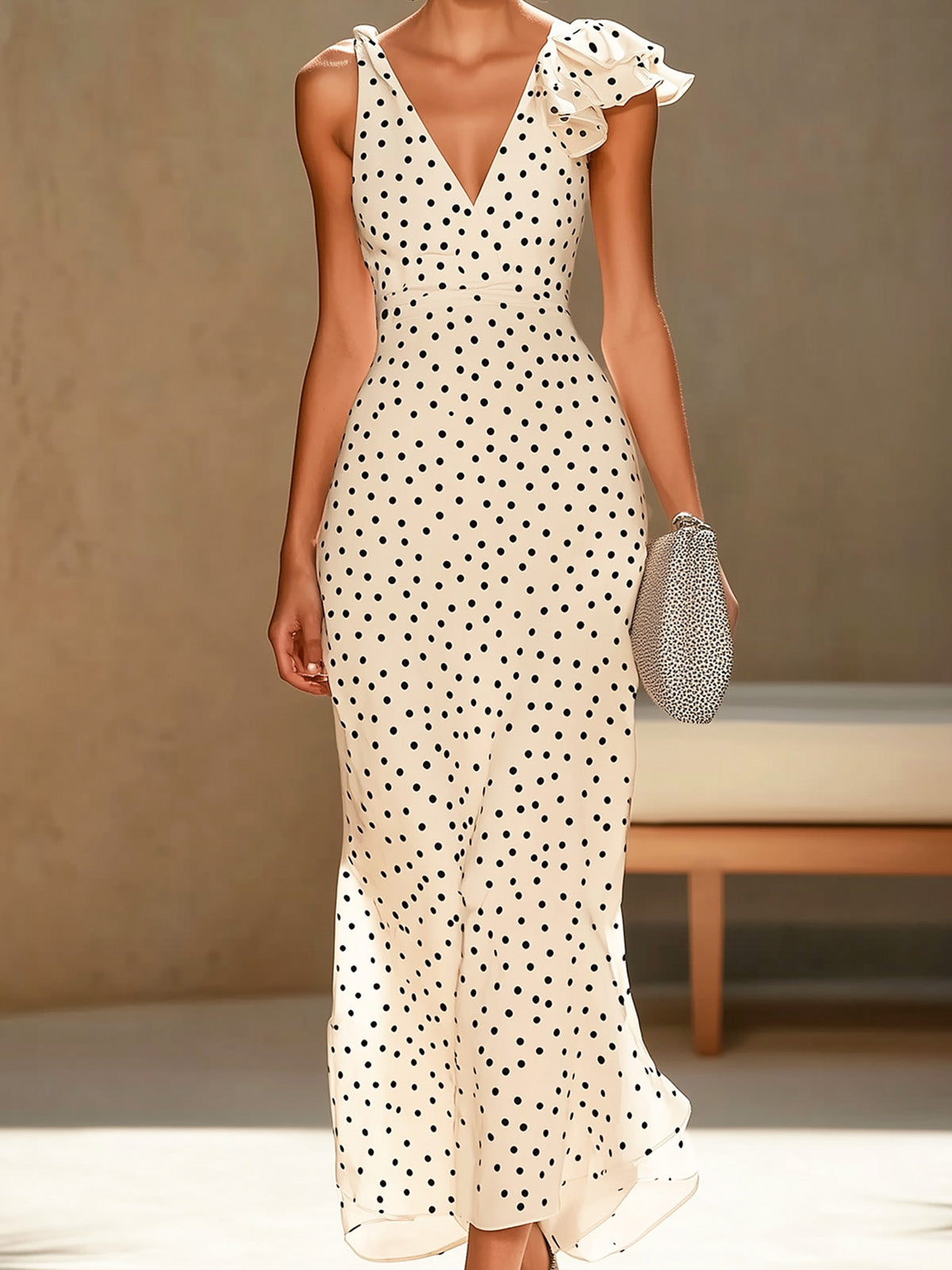 Polka Dot Satin Dress with Irregular Sleeves