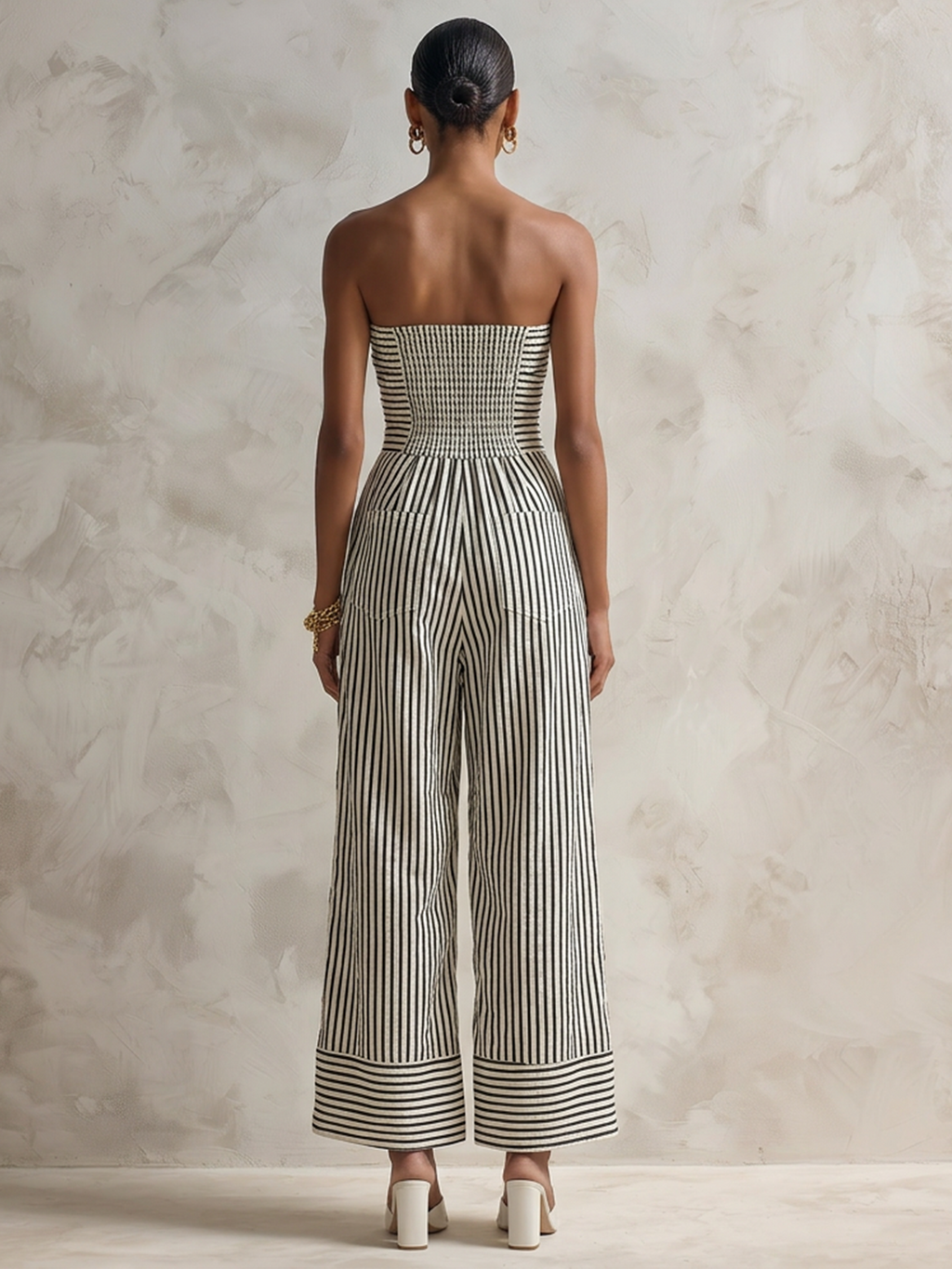 Black & White Striped Strapless Wide-Leg Jumpsuit