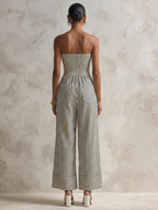 Black & White Striped Strapless Wide-Leg Jumpsuit