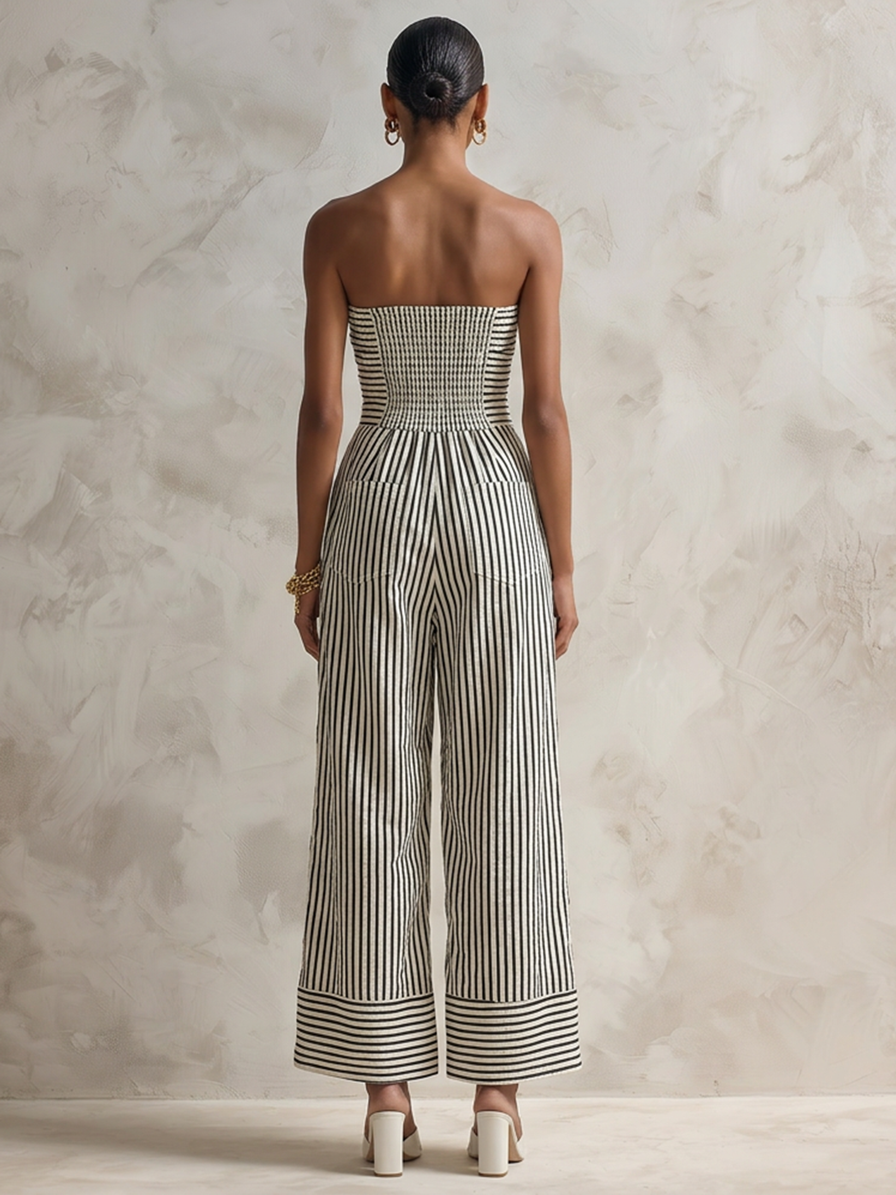 Black & White Striped Strapless Wide-Leg Jumpsuit