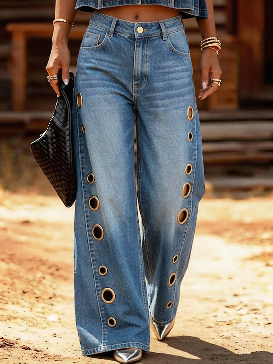 Women's High-waisted Casual Loose Wide-leg Jeans With Metal Cutout Design