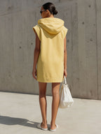 Casual Retro Sleeveless Yellow Denim Hooded Half-zip Mini Dress