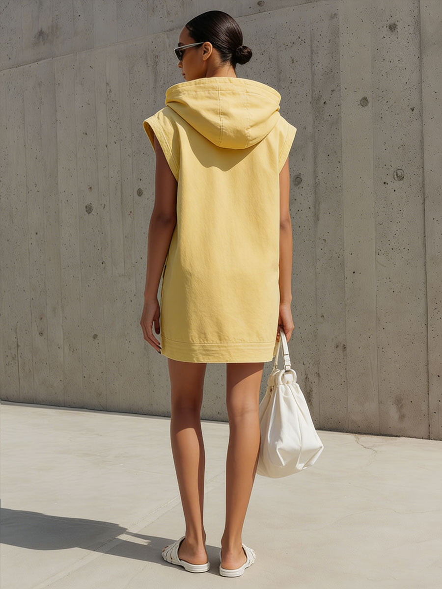 Casual Retro Sleeveless Yellow Denim Hooded Half-zip Mini Dress