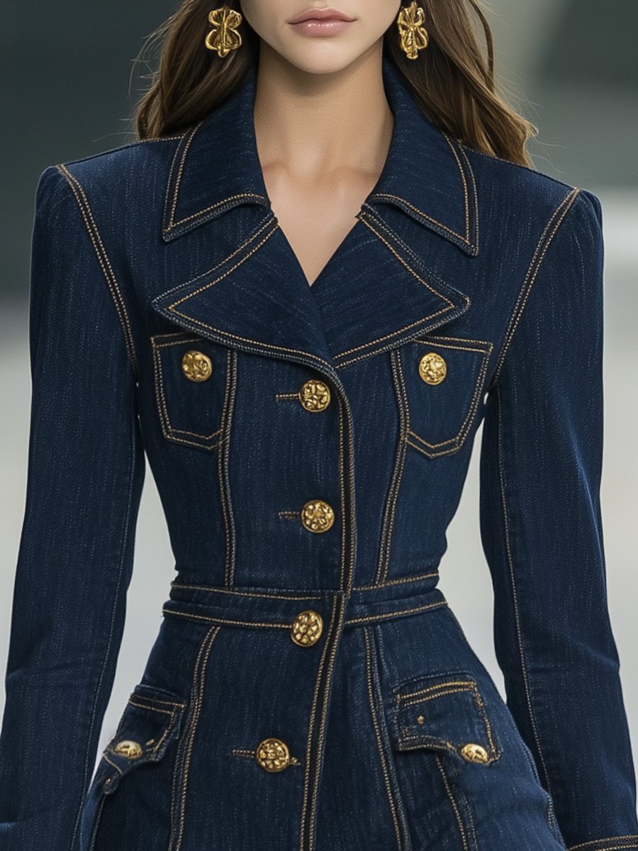 [24-hour shipping out]Classic and Playful Large Lapel Ruffled Hem Waist Denim Mini Dress