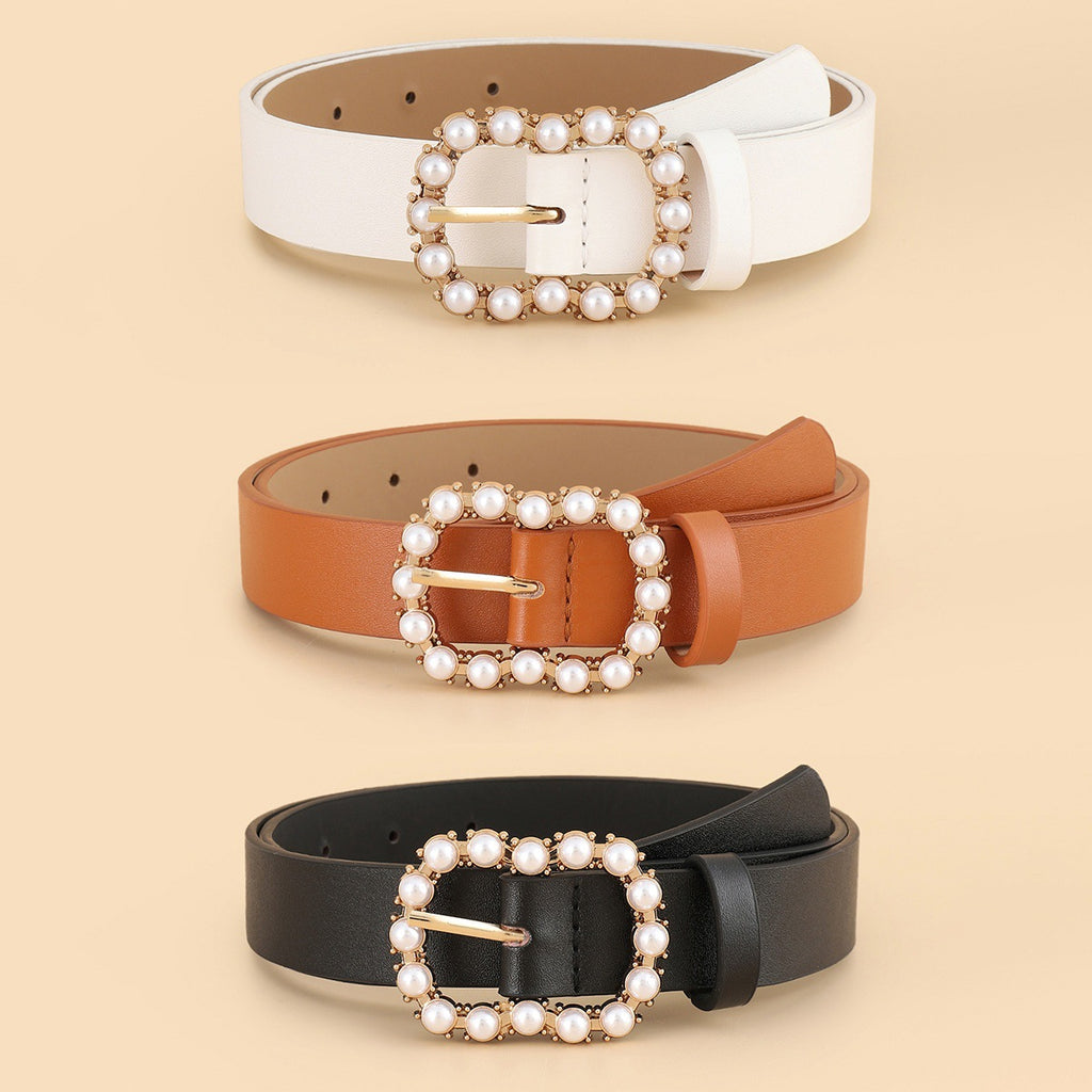 Leather Pearl Belt Ladies Versatile Fashion Decorative Belt Belt Belt